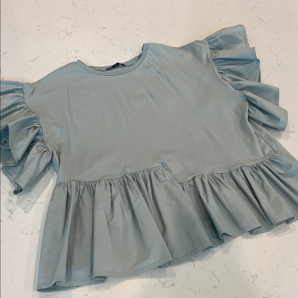 Zara Light Blue Ruffled Blouse
